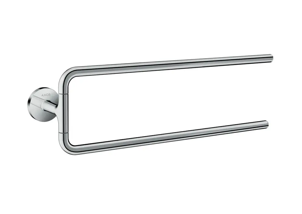 Zweiarmer Handtuchhalter aus verchromtem Metall, an der Wand montiert, mit rundem Wandanschluss, gestaltet von der Marke AXOR.